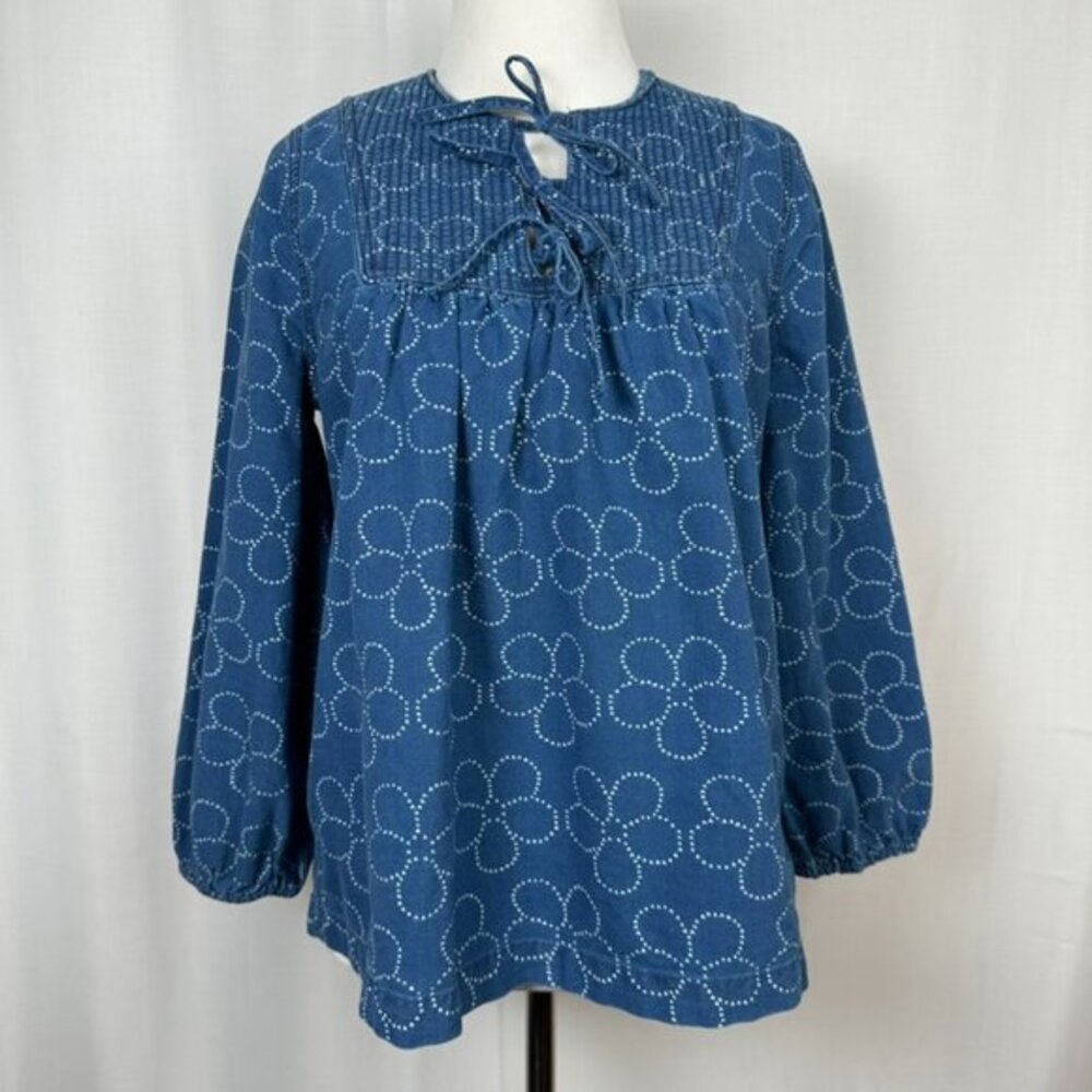 Madewell Indigo Floral Quilted Tie Front Bib Top XS Peasant Country Blouse NB613